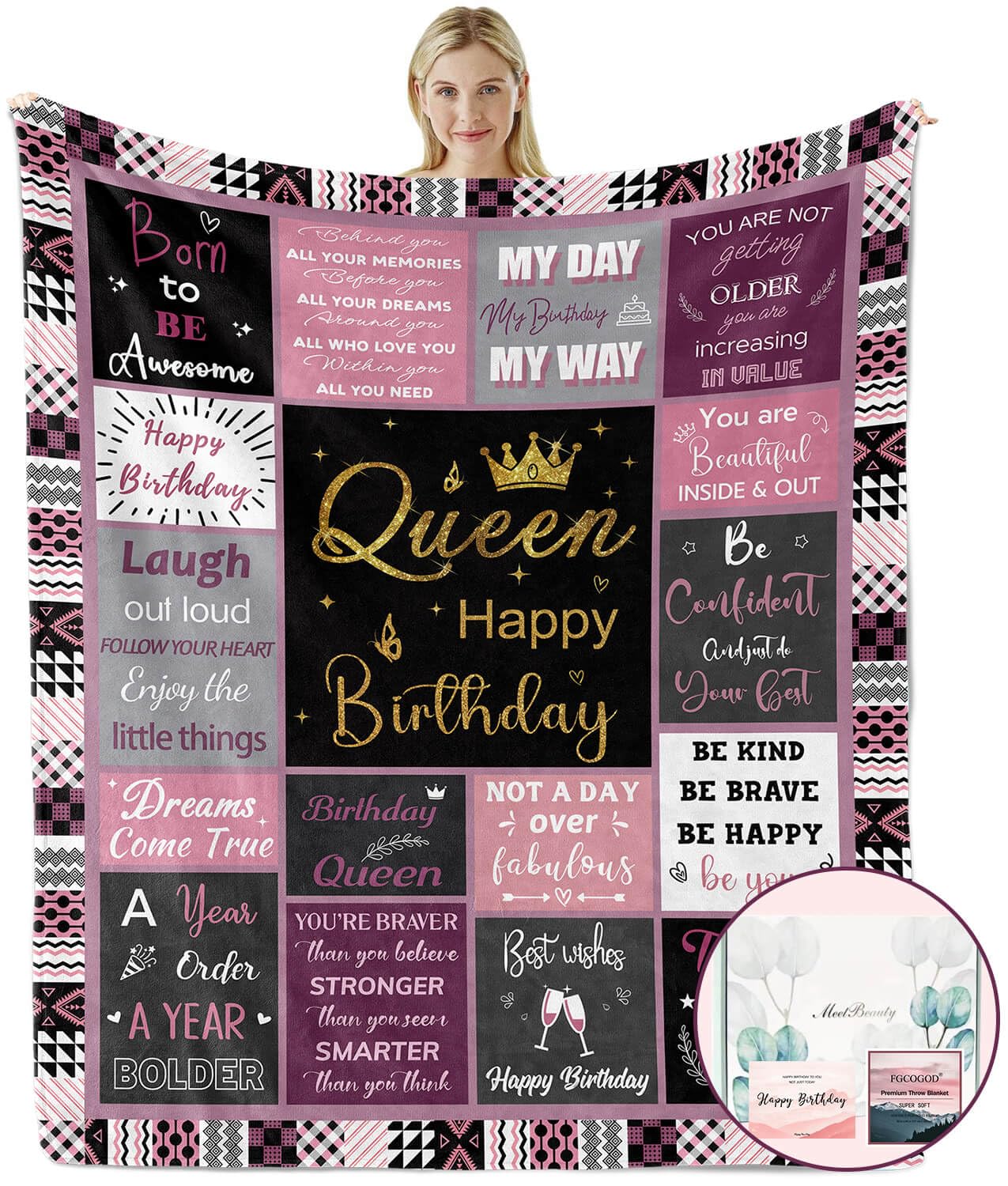 FGCOGOD Queen Birthday Gifts for Women, Birthday Blanket with Gift Box for Women, Gifts for A Birthday, Happy Birthday Decorations Gift Ideas for Her, Birthday Gifts Throw Blanket 60"x50"
