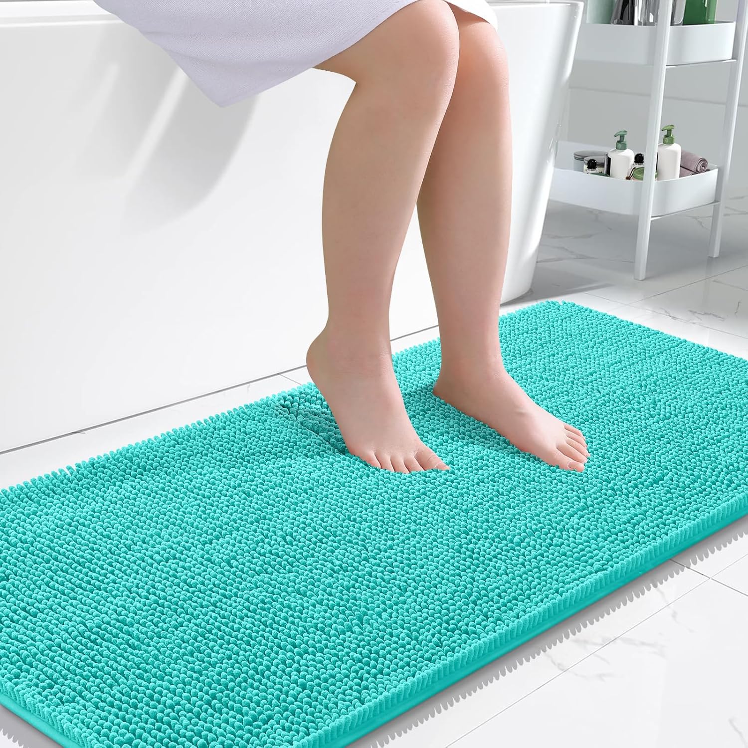 OLANLY Bathroom Runner Rugs - Extra Soft Chenille Bath Mats | Quick Dry, Machine Washable, 47x24, Teal