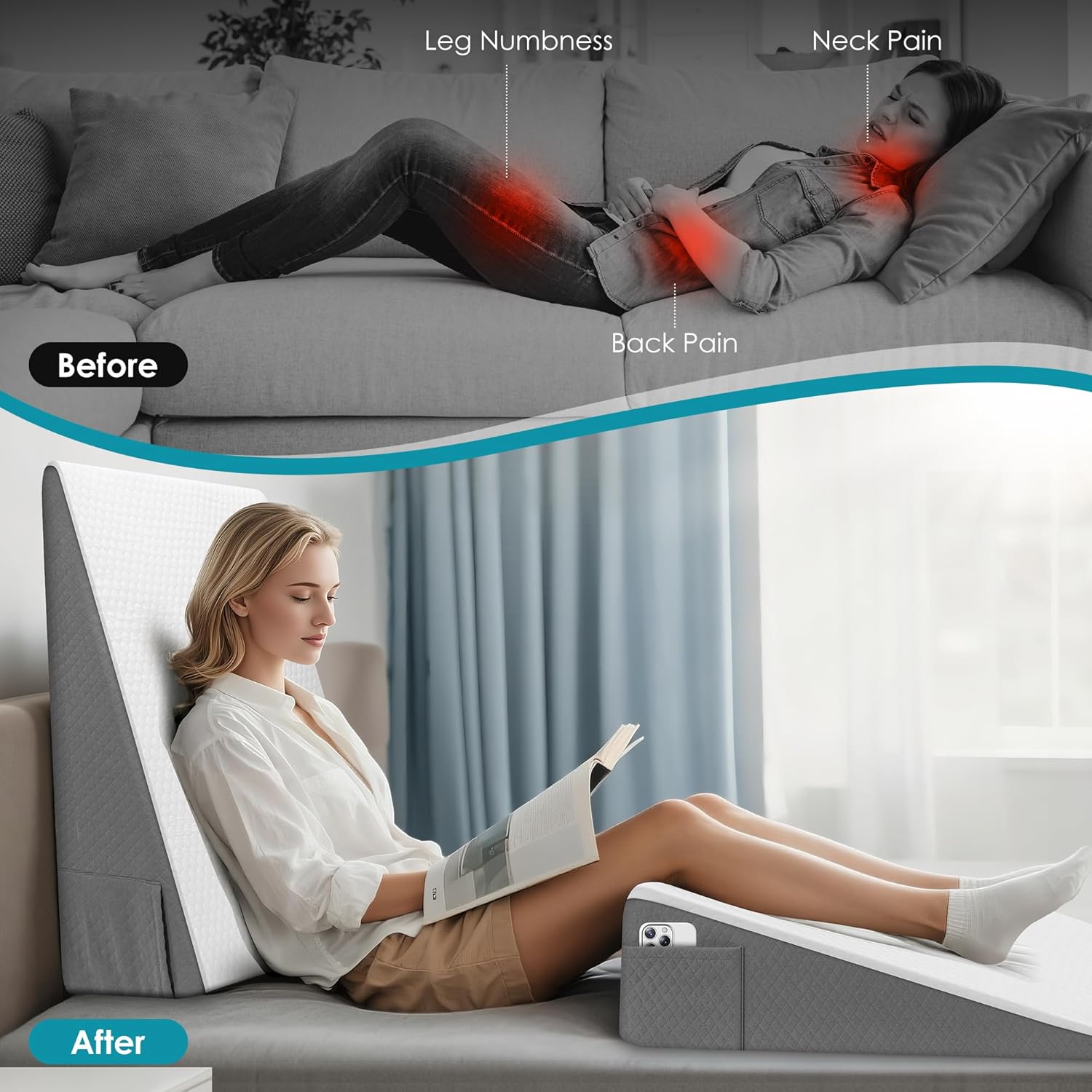 Skiennix Wedge Pillow - 8 Inch Cooling Memory Foam Bed Wedge for Back Support & Leg Elevation