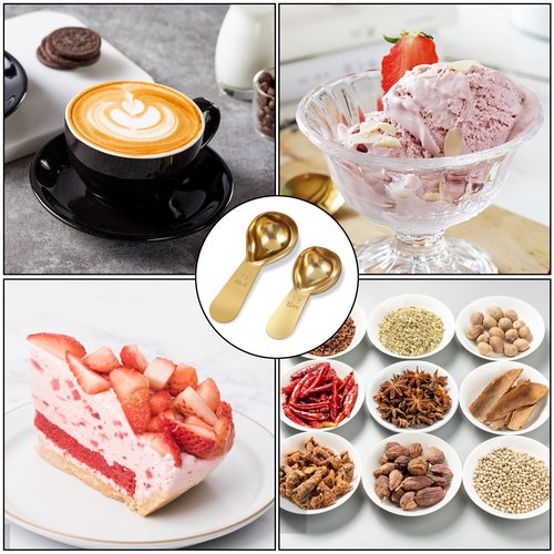 1 Gold Measuring Spoons (15 Ml) and 1 Tablespoons (30 Ml) Coffee Scoop for Ground Coffees, Stainless Steel Coffee Spoons Set Short Handle Tablespoon Measuring Spoon for Milk Tea Sugar Protein Brewin