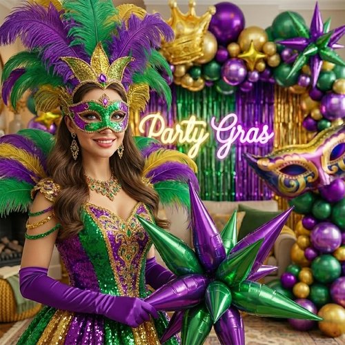 Mardi Gras party Decorations with Purple Green Gold Balloon Garland Arch Kit & large Star Masquerade Mardi Mask Crown foil Balloons for Birthday Masquerade fat Tuesday Theme party Decorations