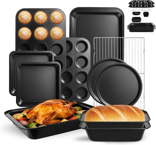 11-Piece Nonstick Baking Pans Set by [Brand Name] - Professional Carbon Steel Bakeware | Dishwasher Safe, Oven Safe to 450°F (Black)
