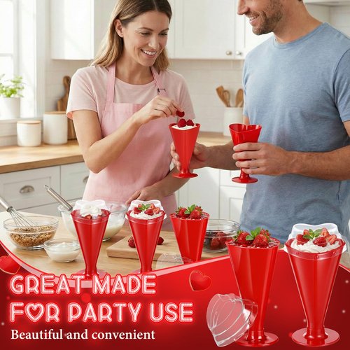 Acellegic 40 Pcs Valentine's Day Cups Heart Shaped Champagne Flutes with Lids 5.6 oz Dessert Cups Plastic Disposable Champagne Glasses for Parties, Bar, Events, Wedding Party Supplies (Red)