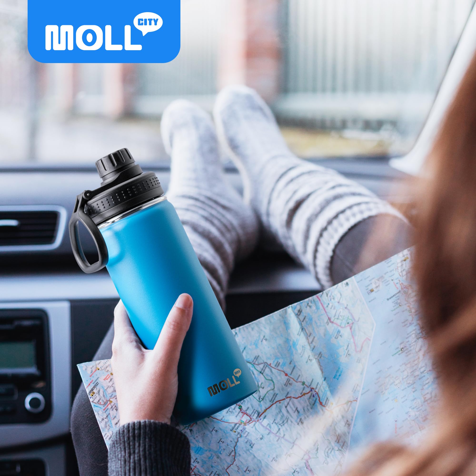 Mollcity 16 oz Water Bottle Stainless Steel Vacuum Insulated Wide Mouth Sports Flask, 2 Pack Water Bottle with Leakproof Spout Lid (Canyon Red-Sky Blue)