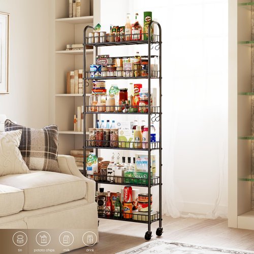 VKTO 6-Tier Slim Storage Cart, Rolling Kitchen Cart with Wheels, Narrow Metal Shelf Organizer with Hooks for Kitchen, Bathroom, Living Room, Laundry, Small Spaces (Black, 6 in)