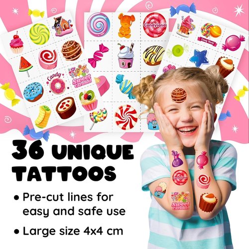 Candyland | 60 PCS Party Favors Set - 36 Temporary Tattoos & 24 Slap Bracelets for Kids, Ideal for Baby Showers & Birthday Parties