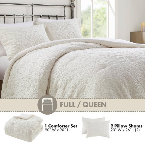 Madison Park Queen Comforter Set Medallion Comforter for Queen Size Bed, Woven Tufted Bedding, All Season & Lightweight Queen Bed Set with Shams, Shabby Chic Cottage, Orly, Full/Queen, Ivory 3 Piece