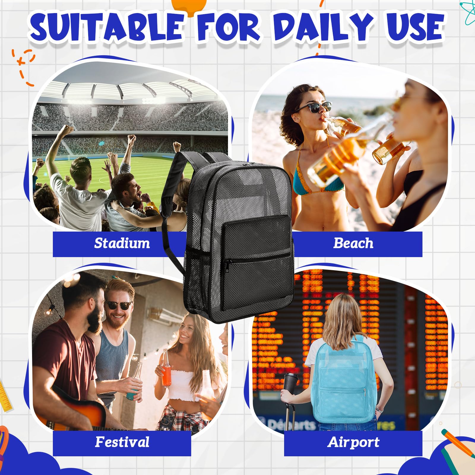 Amylove 6 Pcs Mesh Backpack Bulk 17 Inch See Through Heavy Duty Mesh Bookbags for Sports Travel Donation Charities (Colorful)