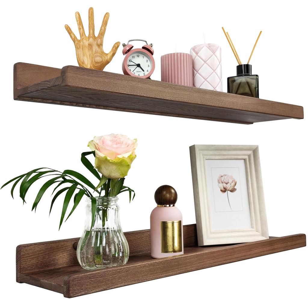 Floating Shelves for Wall 24 inch, Waterproof, Wall Storage Shelves with Lip, Display Picture Ledge Shelf for Photo Frame, Natural Wood Hanging Book Shelves (American Walnut, Set 2)