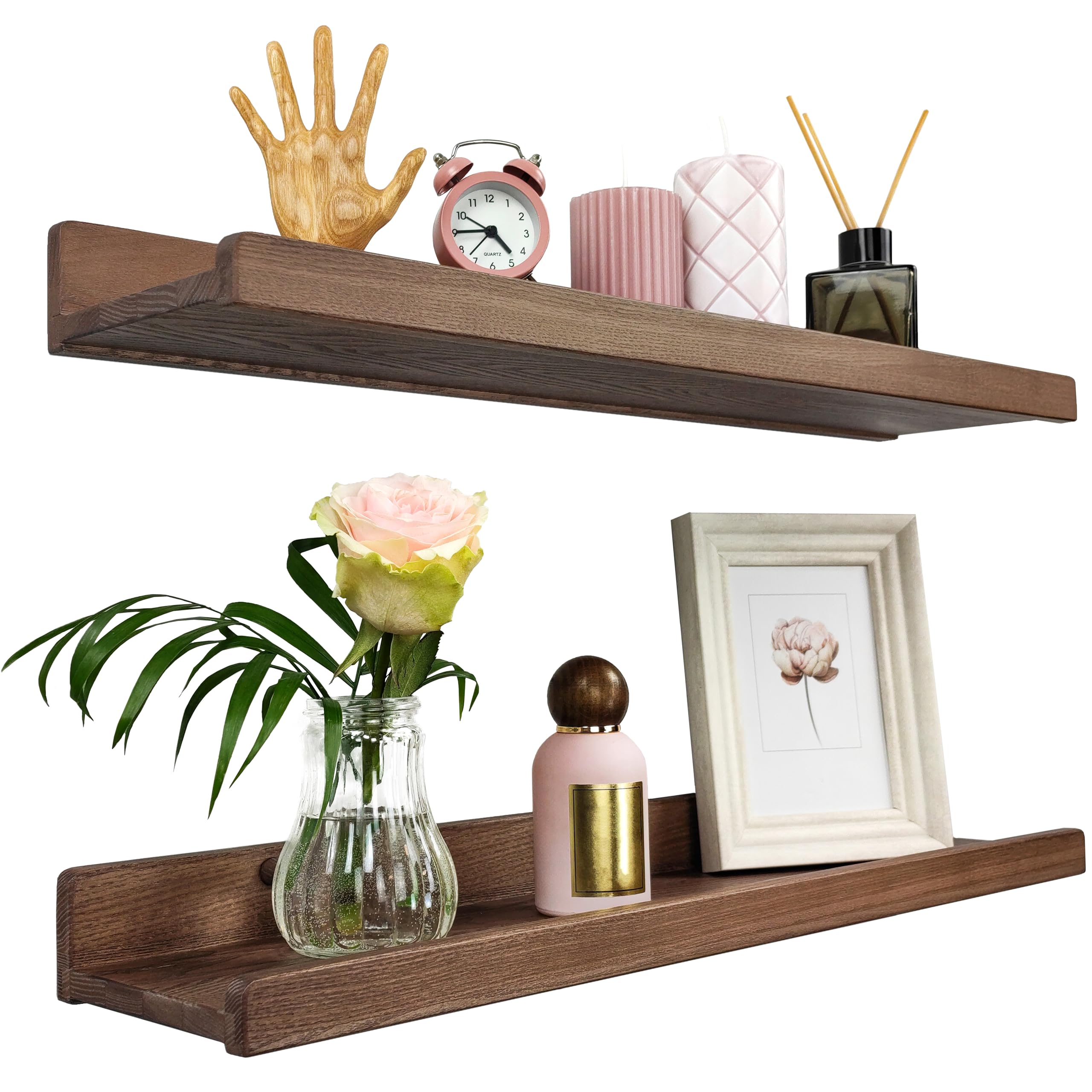 Floating Shelves for Wall 24 inch, Waterproof, Wall Storage Shelves with Lip, Display Picture Ledge Shelf for Photo Frame, Natural Wood Hanging Book Shelves (American Walnut, Set 2)