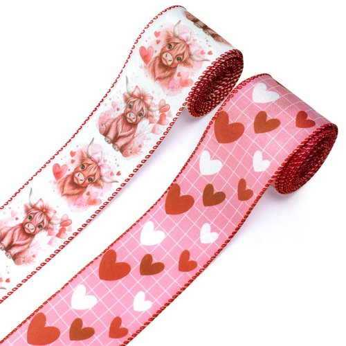 Bllavie 2 Rolls Valentine Wired Ribbon Heart and Love Plaids Fabric Ribbons Fawn Pattern Craft Ribbon for Gift Wrapping DIY Bow Wreath Craft Making
