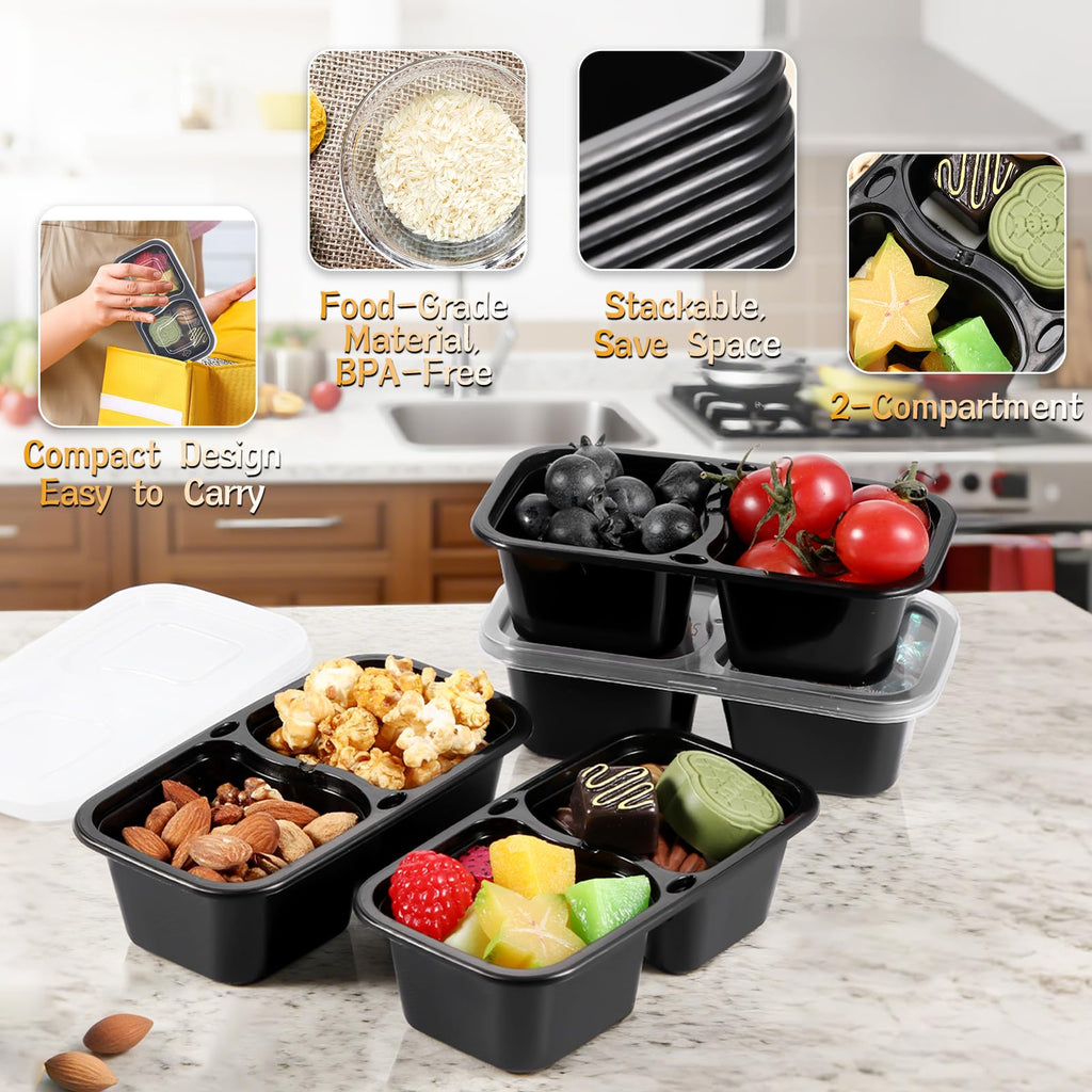 Teenyyou 20 Sets Reusable Snack Containers with Lids & Spoons Double Compartment Snack Containers for School Office Lunch Take Out Sauces Dips Microwave Safe (Black,Clear)