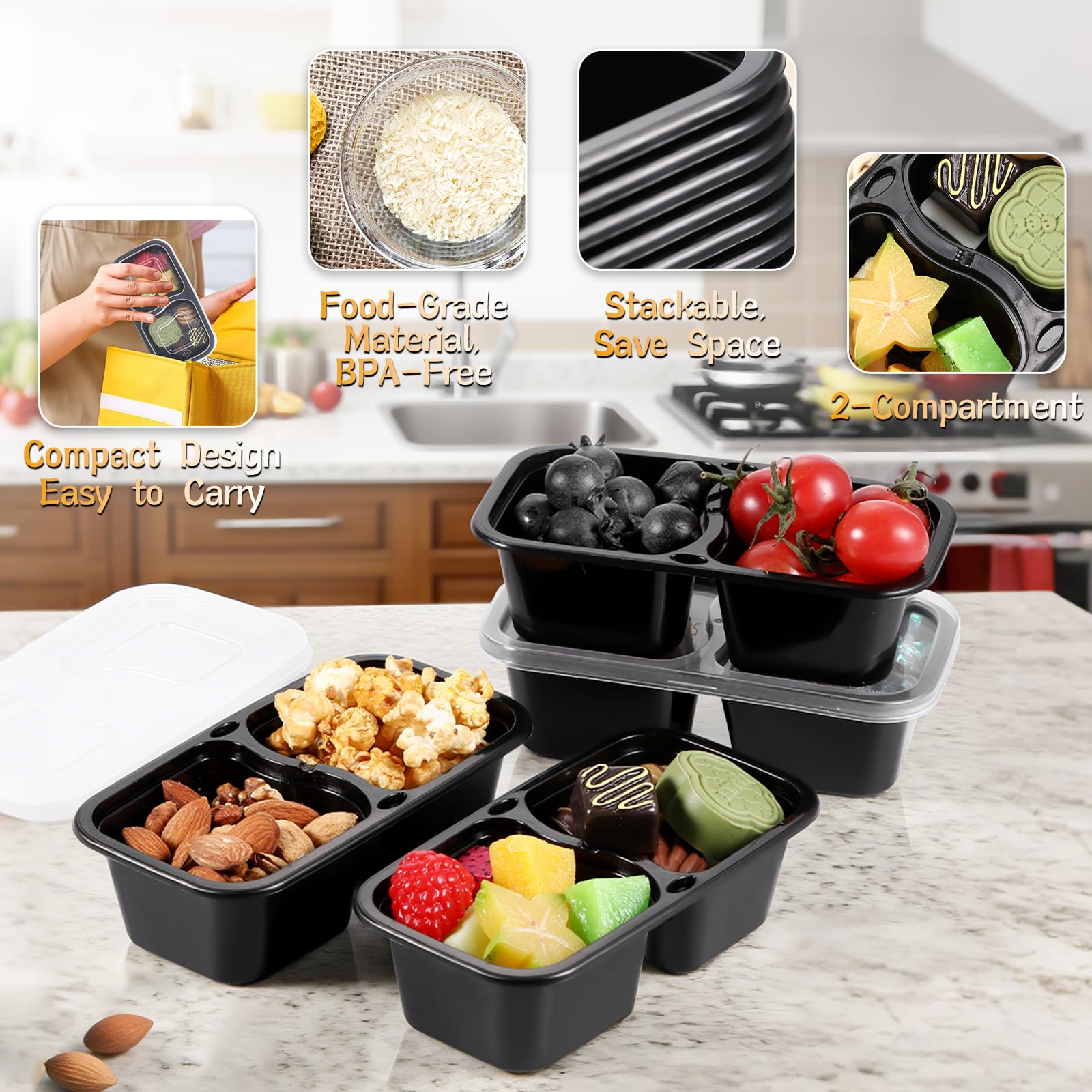 Teenyyou 20 Sets Reusable Snack Containers with Lids & Spoons Double Compartment Snack Containers for School Office Lunch Take Out Sauces Dips Microwave Safe (Black,Clear)