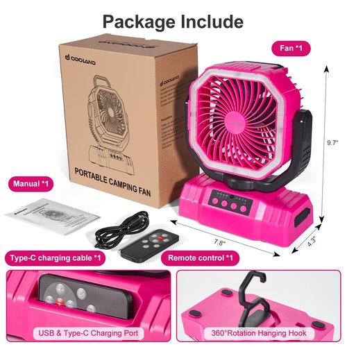 Odoland Portable Camping Fan with LED Lantern, 20000mAh Rechargeable Battery Powered Fan with Auto Oscillation, Timer, Remote, 360° Rotation Hook, 4 Speeds for Power Outage Travel Home,Pink