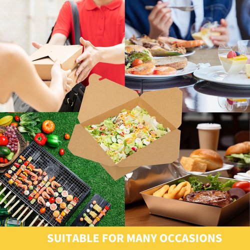 GHEIR 68 oz Take Out Food Containers 100 Pack, Disposable Kraft Paper To Go Containers Boxes, Microwaveable Leak and Grease Proof Take Out Boxes for Restaurant, Catering and Party