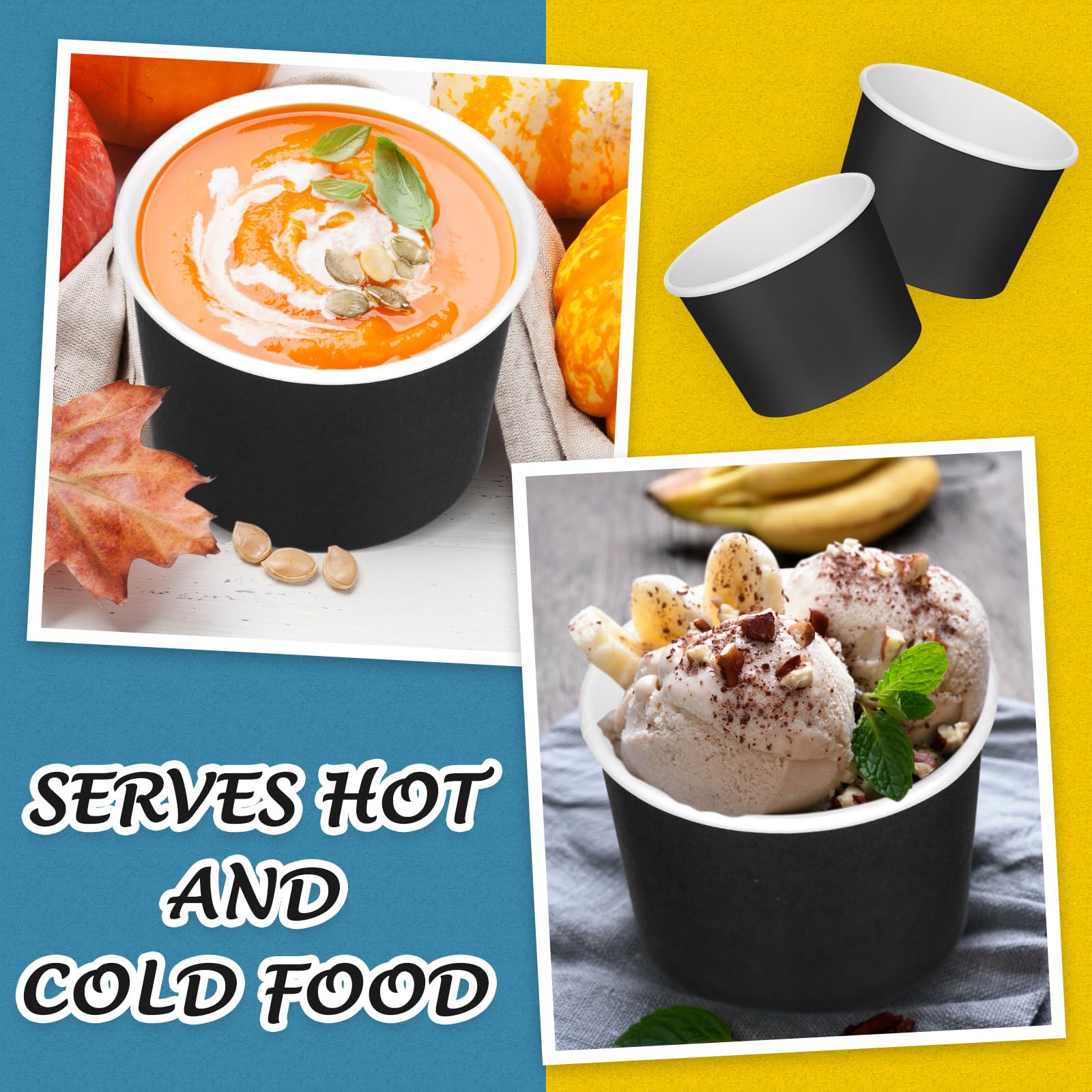 Nuenen 8 oz Summer Ice Cream Paper Cups Bulk Disposable Dessert Cups Solid Color Paper Dessert Bowls for Snack Sundae Spring Party Favors Ice Cream Bar Supplies(Black,300 Pcs)