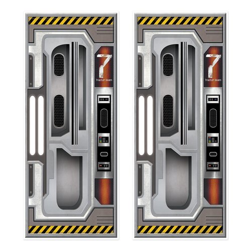 Beistle Set of 2 Plastic Spaceship Door Covers, Decorations for Outer Space Galaxy Alien Theme Birthday, Futuristic Party Supplies & Wall Decor, 6' x 30"