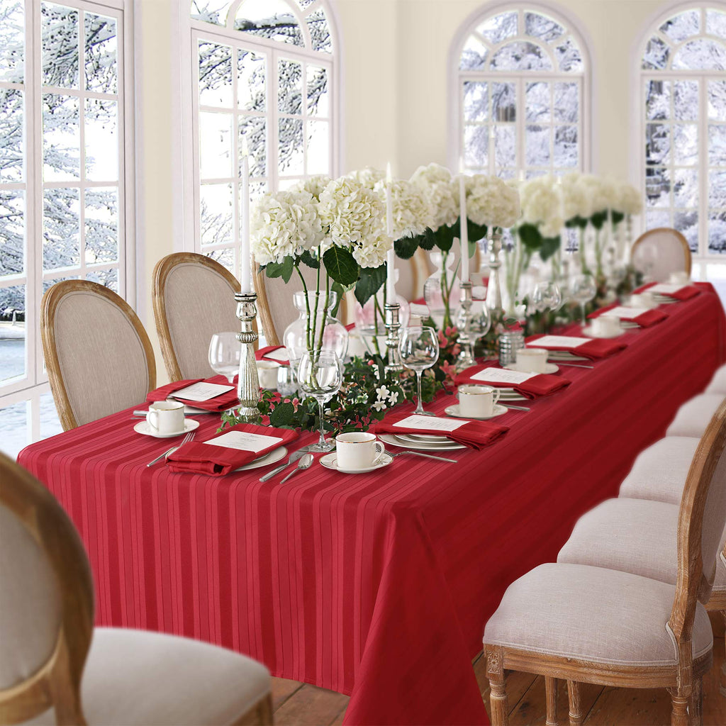 Newbridge Red Satin Stripe Fabric Tablecloth, 60 x 144 Inch Rectangle, Elegant Woven Stripe, Wrinkle Resistant Reusable Polyester Table Cover