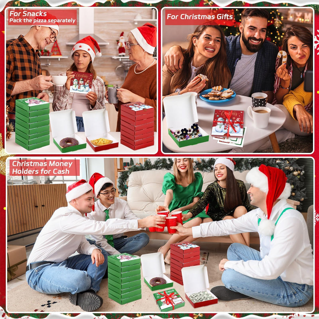 50 PCS Christmas Mini Pizza Boxes, 3.54 x 3.54 x 0.78 Inch Square Cardboard Small Reusable Pizza Box Lock Corner Coated Kraft Boxes Bulk for Celebrations Cookies Cake Party Favors Christmas