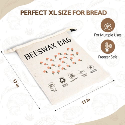 Beeswax Bread Bags (2026 New Upgrade) 2-Pack Reusable Bread Bags for Homemade Bread Sourdough,17"×13"100% Linen Moisture-proof Lined XL Beeswax Bread Bag with Buckle&1Bowl Covers,Keeps Fresh Longer