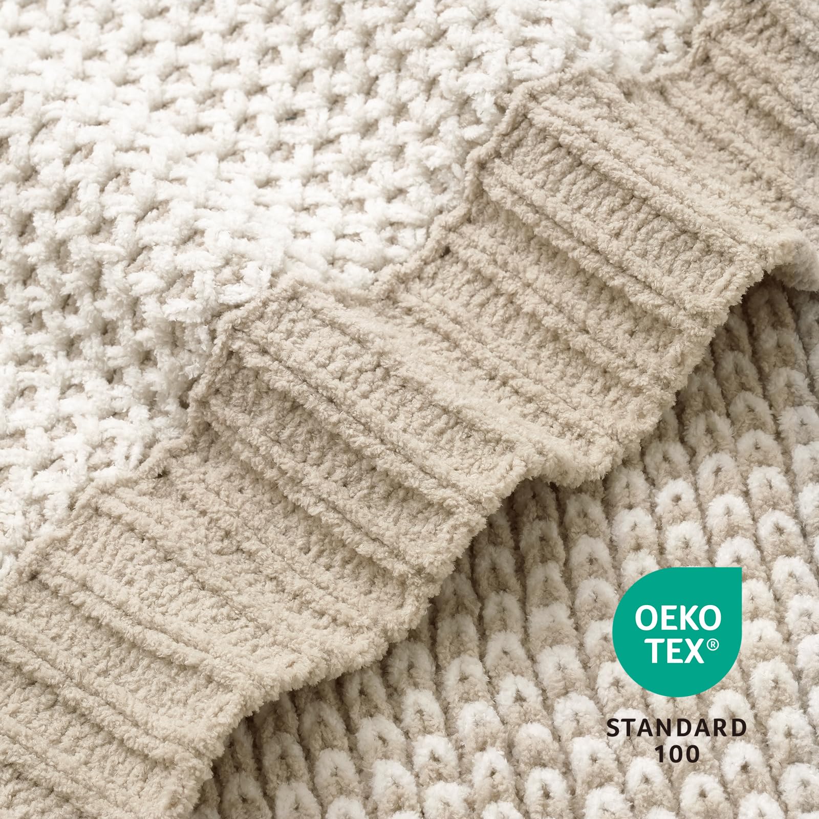 Amélie Home Honeycomb Knit Throw Blanket for Couch, Dual-Sided Soft Chenille Decorative Blankets for Sofa & Chair, 50"x60", Khaki & White