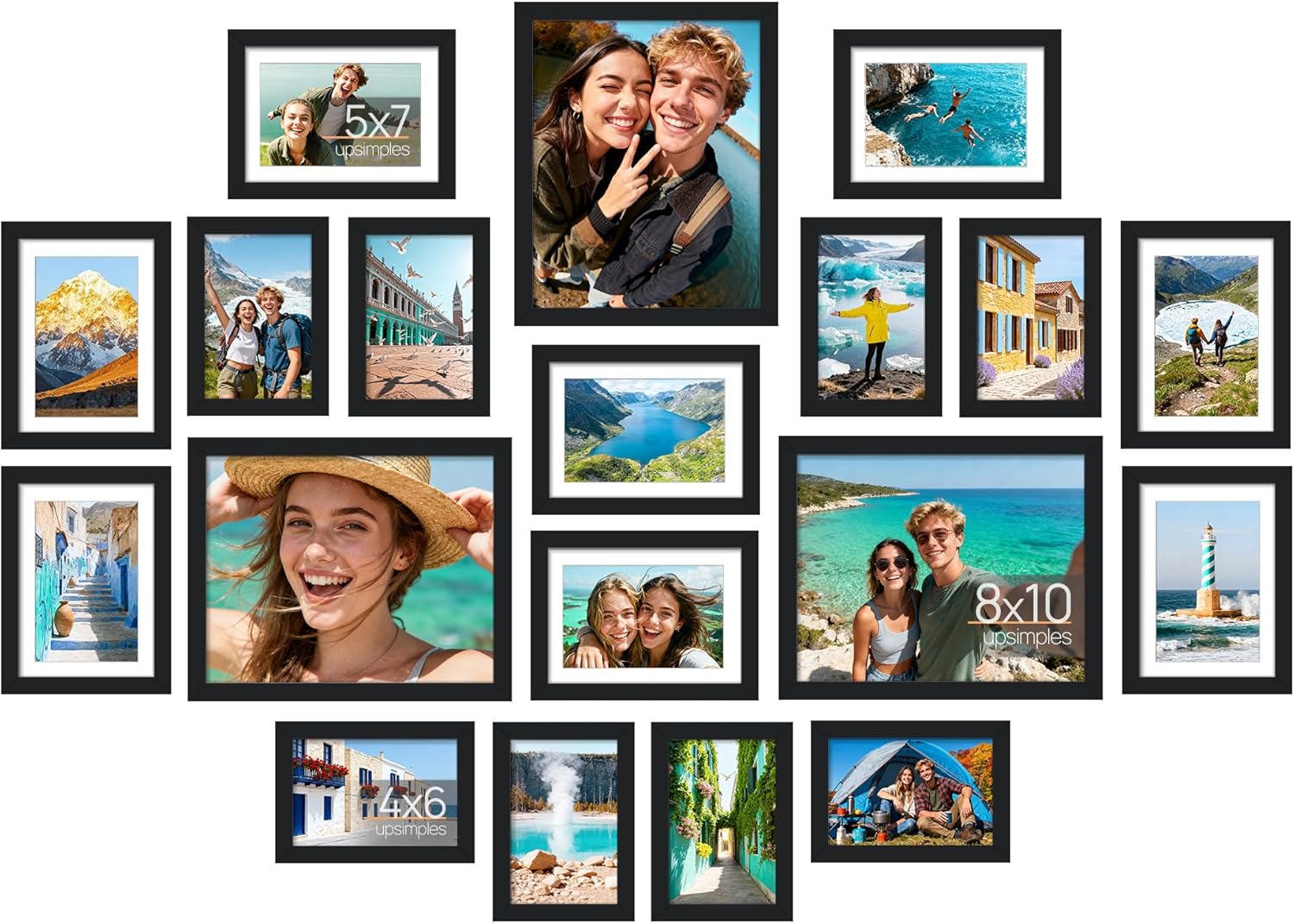 Upsimples 19-Pack Picture Frames Set - Versatile Wall Decor & Tabletop Display | Multi-Sized Black Frames (8x10, 5x7, 4x6)