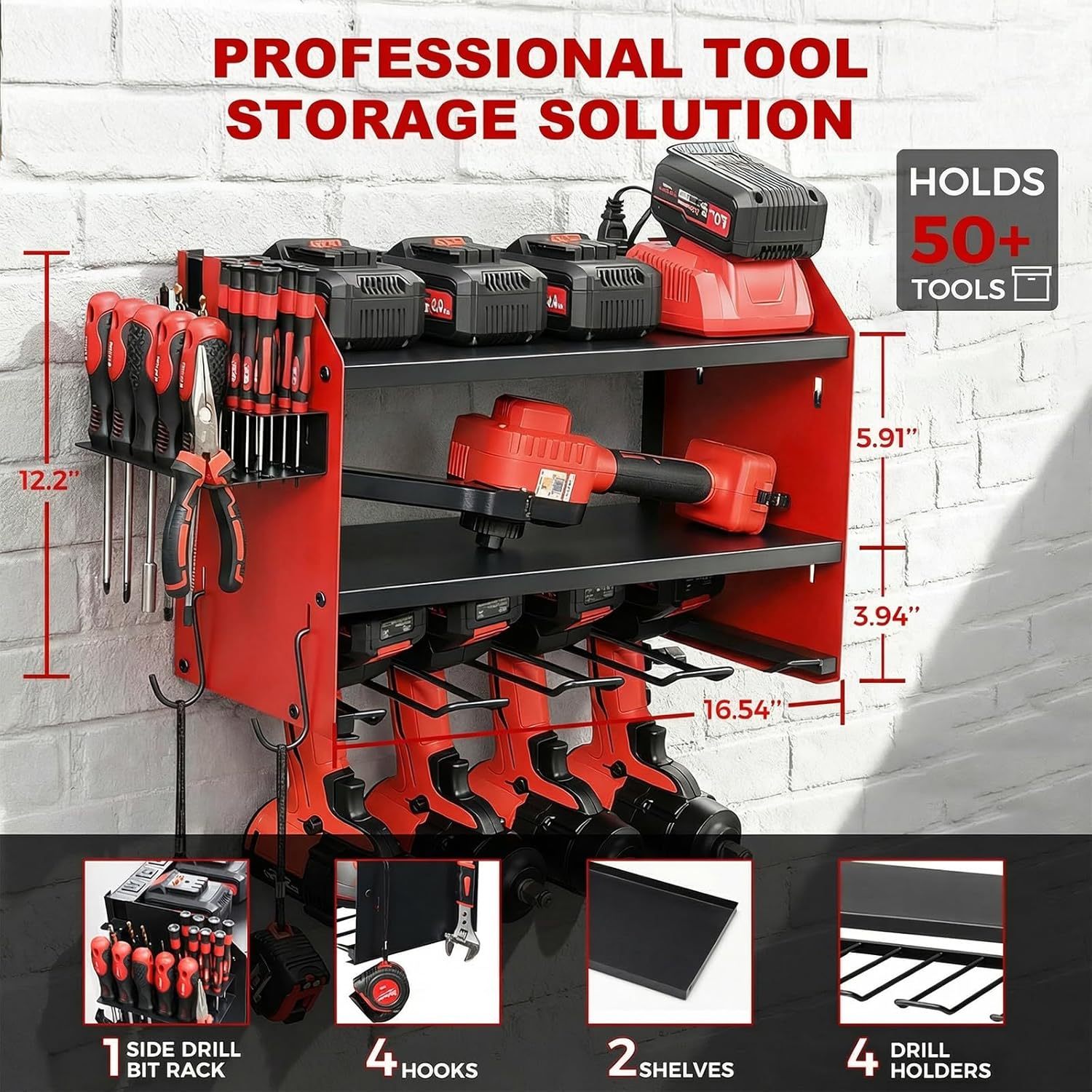 Power Tool Organizer by [Brand Name] - Heavy Duty Wall Mount with Charging Station | 3-Layer Storage & 4 Drill Holders