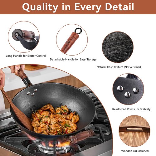 WANGYUANJI 14.2 Inch Cast Iron Wok with Wooden Lid & Handle, Flat Bottom Stir Fry Wok Pan, Turtle-Pattern Textured Uncoated Large Wok Skillet for Induction, Gas & Electric (Seasoning Required)