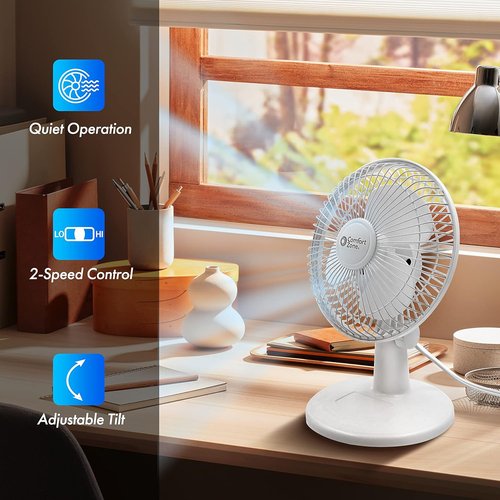 Comfort Zone CZ6D 6" Quiet Portable Indoor 2-Speed Desk Fan with Clip and Fully Adjustable Tilt in White