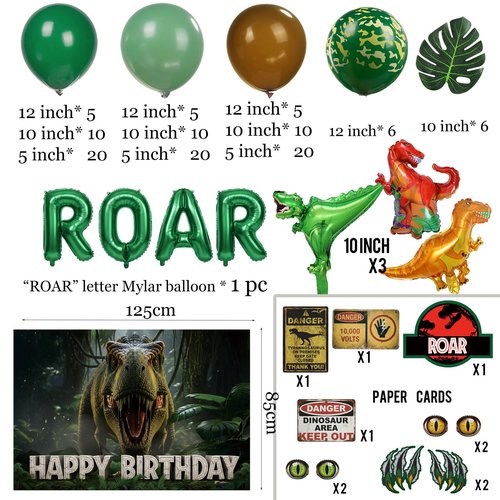 Dinosaur Birthday Decorations with Hunter Green Brown balloon arch & small T-Rex Foil balloons & backdrop Sign & Artificial Palm Leaves for Boys Jungle Safari Dino ROAR Party Supplies (Green Brown)