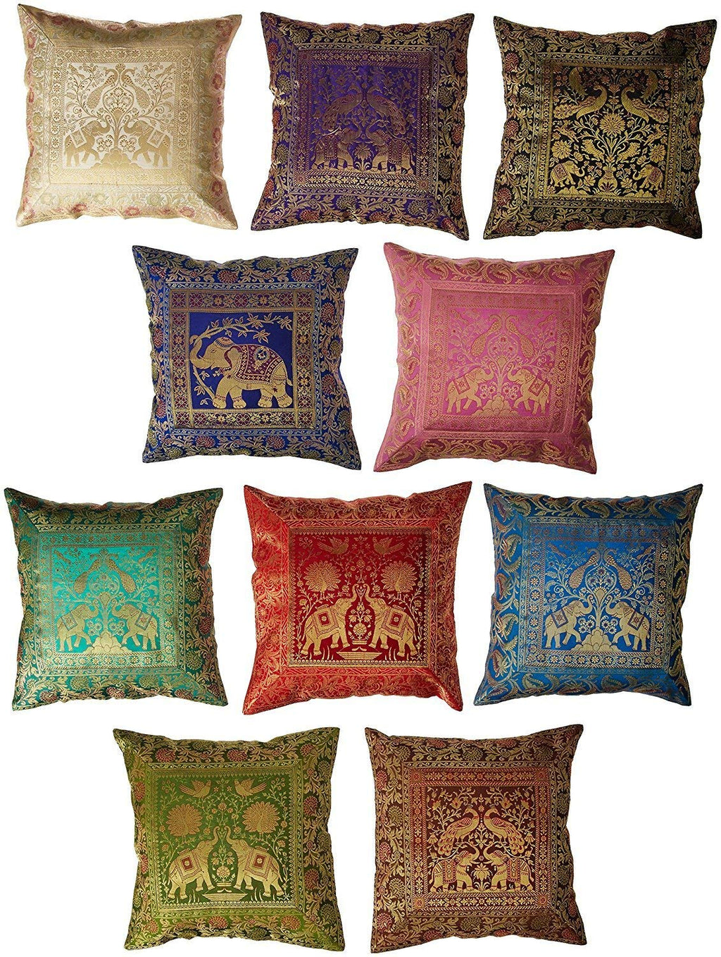 Shubhlaxmifashion Indian 10 Pcs 20x20 Inch 50x50 CM Elephant Banarsi Silk Indian Ethnic Bohemian Decorative Cushion Cover Handcrafted Patchwork Sari Throw Pillow Boho Decor Cushion Cover for GIF
