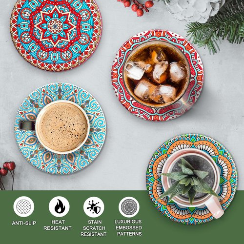 Ceramic Coasters Set of 4 – Drink Coasters with Cork Backing, Non-Slip & Heat Resistant – Intricate Embossed Mandala Boho Coasters with Vibrant Glaze for Coffee Table, Desk, Patio & Home Decor Gifts