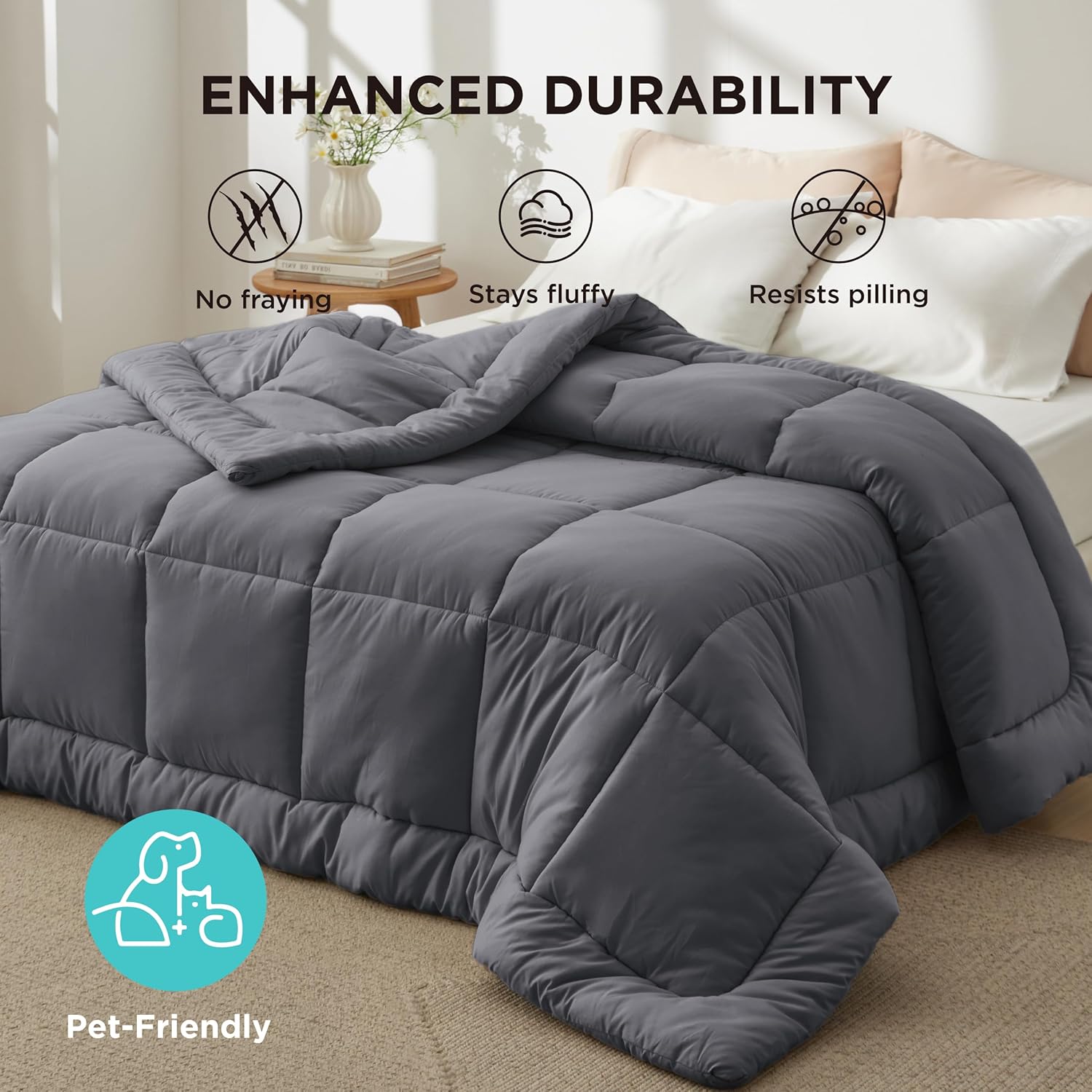 Bedsure Comforter Duvet Insert - All-Season Cal King Size Quilted Bedding, GentleSoft Down Alternative, Grey 96 x 102 Inches