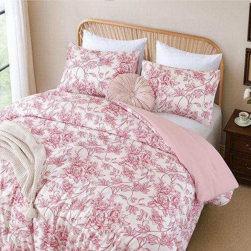 JANZAA Queen Size Comforter Set - Pink Floral Comforter, 3 Piece Cute Floral Bedding for All Season, 1 Soft Fluffy Breathable Microfiber Spring Comforter Set with 2 Pillow Shams