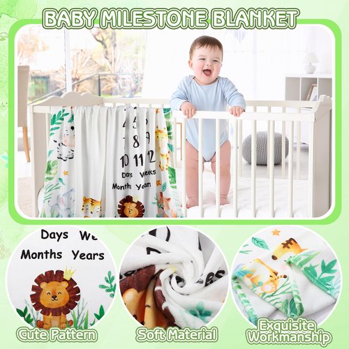 Guiqulai Baby Milestone Blanket for Baby Boy, Animals Baby Monthly Milestone Blanket Safari Baby Growth Blanket Newborn Photography Background with Wooden Signs, Frames, Bandana