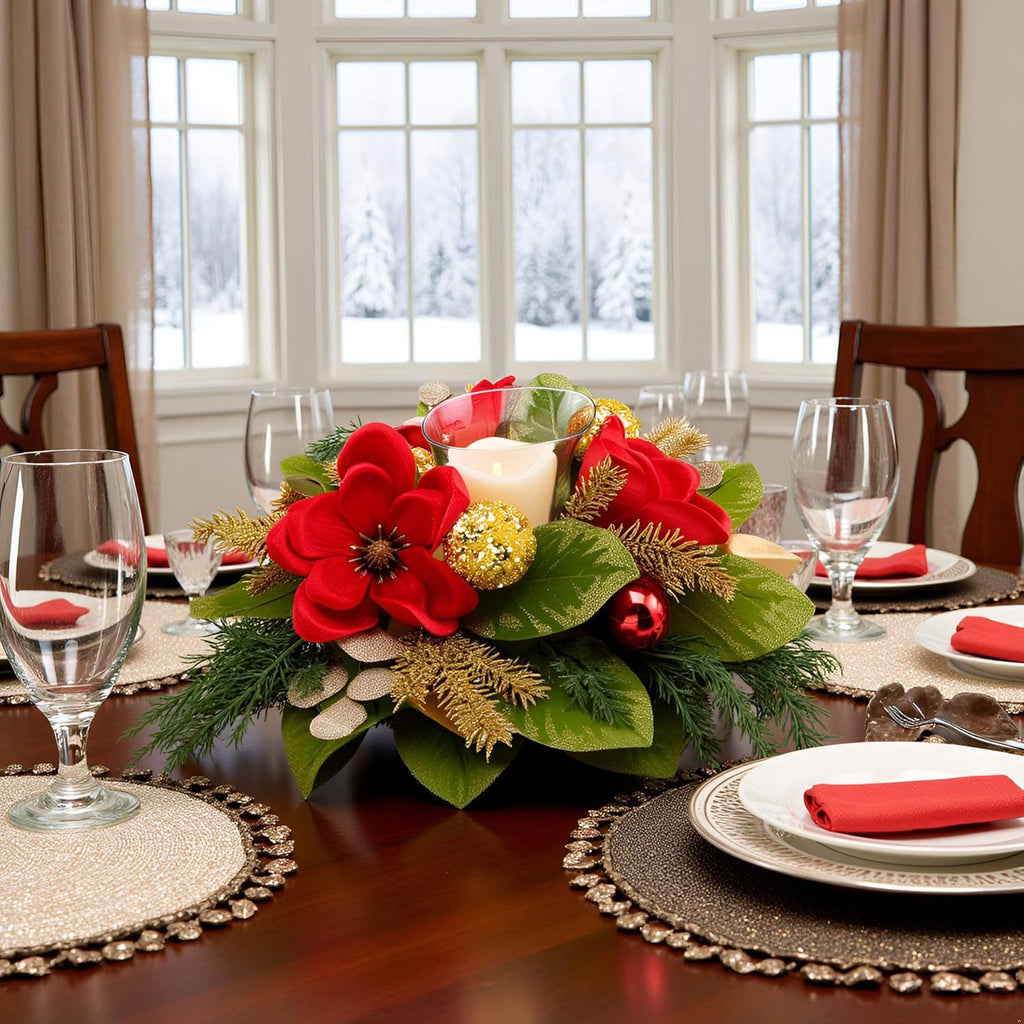 Skiennix 18" Centerpiece - Flameless LED Candle Holder with Red Magnolia & Gold Baubles for Holiday Decor