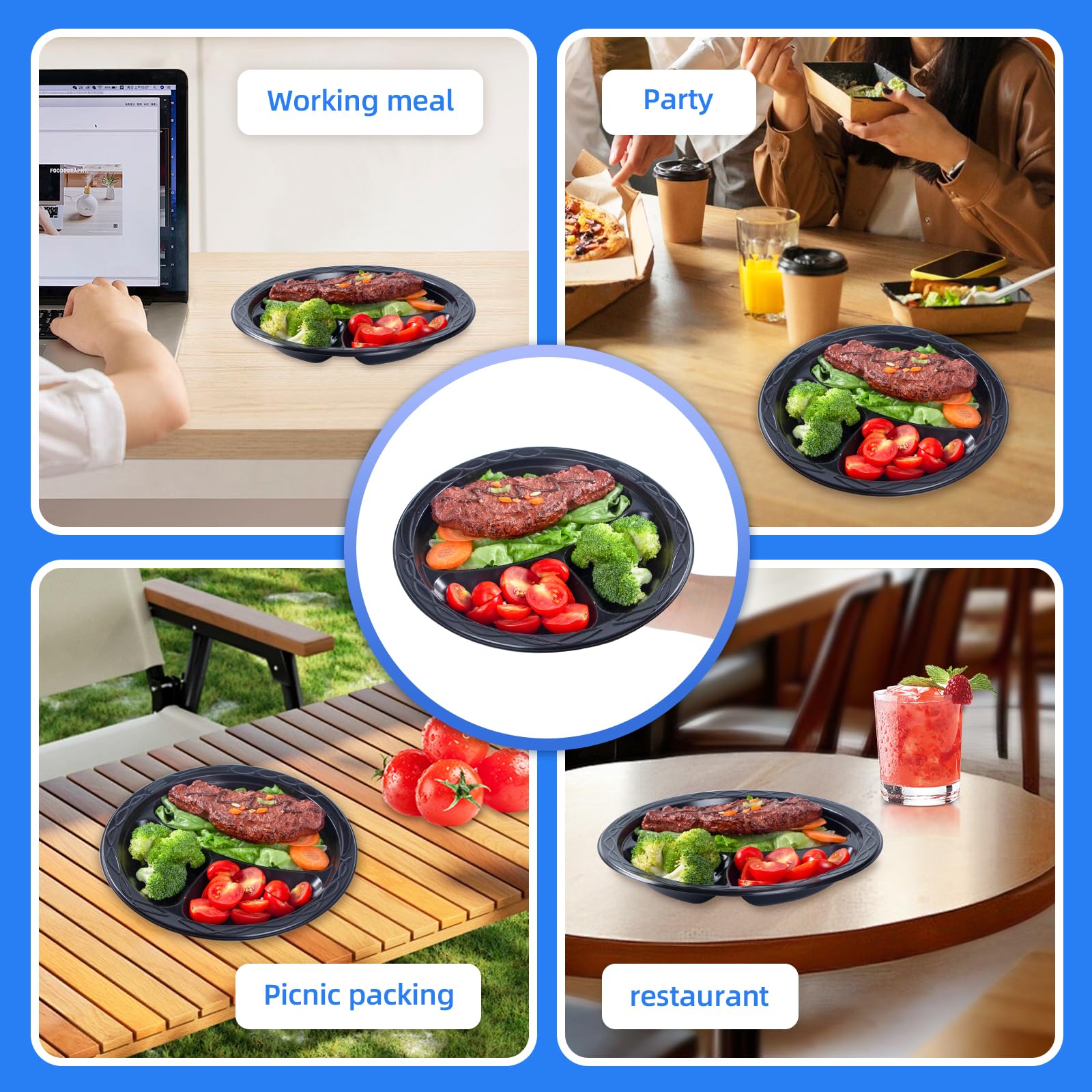 YANGRUI Disposable Plates 10" 150 Pack - Shrink Wrap BPA Free Mineral Filled PP Reusable Microwave Safe | Calcium Carbonate Reinforced Freezer Ready | Commercial Black 3 Compartment Plastic Plate