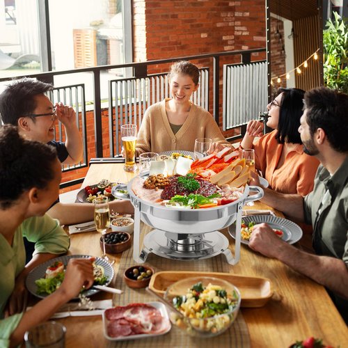 GarveeHome Chafing Dish Buffet Set 4 Pack 5 QT, Stainless Steel Round Chafing Dishes for Buffet with Lid Holder & Glass Lid, Buffet Servers and Warmers for Parties, Wedding, Camping, Dinner, Silver