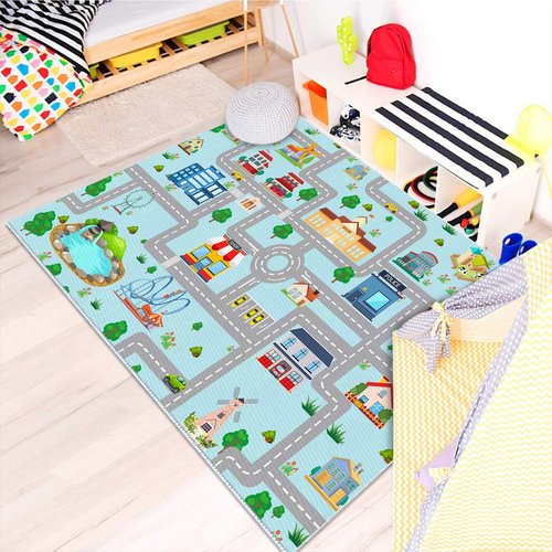 MLLgYq Kids Car Rug, 2' 7" x 4' City Life Traffic Road Playmat for Toy Cars Trains, Non-Slip Race Track Carpet Educational Fun Rugs for Boy and Girl Bedroom Nursery