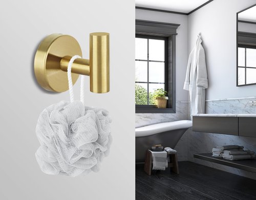 Homagic Towel Hooks for Bathroom 2 Packs Screw- in Gold Wall Mount Towel Holder Towel Rack, Heavy Duty Robe Coat Loofah Hooks for Shower, Kitchen,Hotel, Pool Tile, Brick Modern Style Decor Wall Hooks