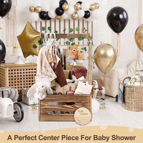 TAEYONK Wooden Baby Shower Crate Closet, Baby Shower Basket with 33.5" High Hanger Rack and Swing, DIY Baby Welcome Box with Handle, Easy Assembly Storage Crate for Pregnancy New Parent（Brown）