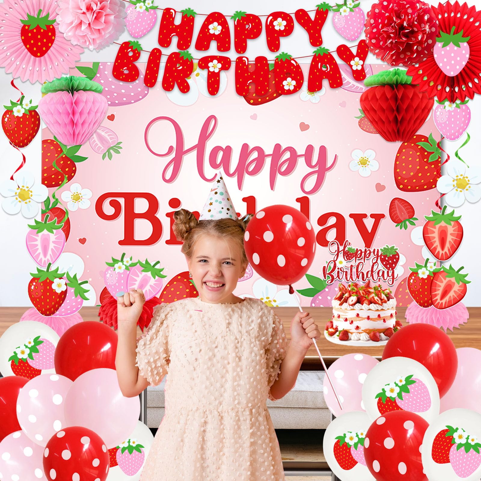 Strawberry Birthday Party Decorations with Strawberry Birthday Banner, Backdrop, Cake Topper, Balloons, Honeycombs, Hanging Swirls, Paper Fans & Pompoms