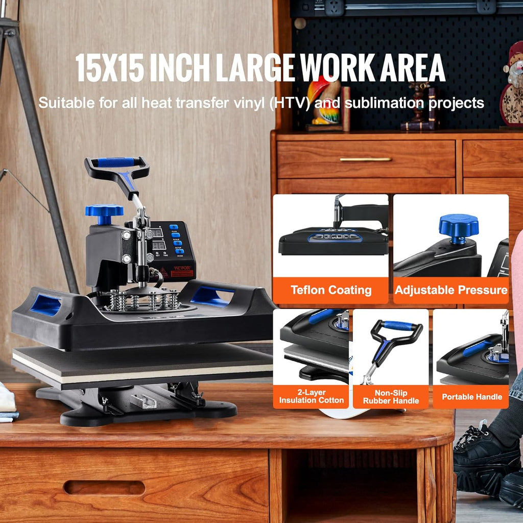 VEVOR 5 in 1 Heat Press Machine - 15x15 Inch Digital Control for T-Shirt, Hat, Mug & Plate Sublimation - Blue