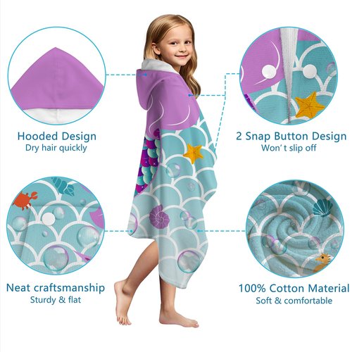 gdhiybf Mermaid Hooded Towels for Kids 30" x 50" Soft Absorbent Toddler Beach Towel for Swim Pool Wearable Bath Poncho Wrap for Girls Toddlers Children 3-12 Years