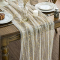 Artoid Mode 3Pcs Beige Gold Gauze Table Runner 120 Inch 10FT, Glitter Metallic Foil Sheer Dining Wedding Anniversary Holiday Birthday Table Decor for Home Party