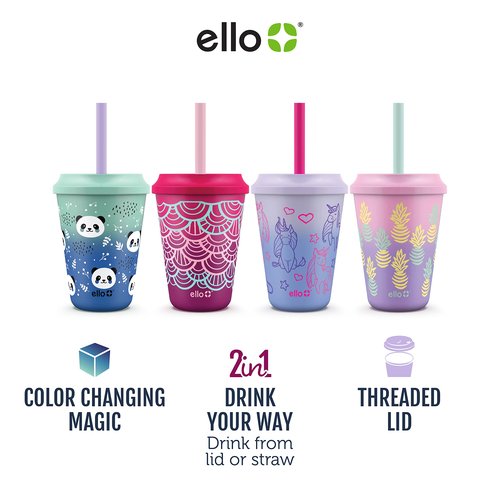 Ello Kids Plastic Reusable Color Changing Cups with Twist on Splash-Proof Lids and Straw, BPA Free, Dishwasher Safe, 12oz, Fruit Pop, 4 Pack