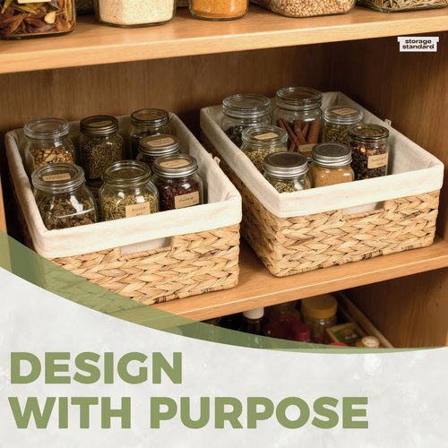 Wicker Shelf Storage Baskets for Organizing - Natural Water Hyacinth Woven Basket Organizers & Storage for Shelves w/Handles & Cotton Liner for Home & Pantry Decor Organization, Large 15” x 12” x 6”