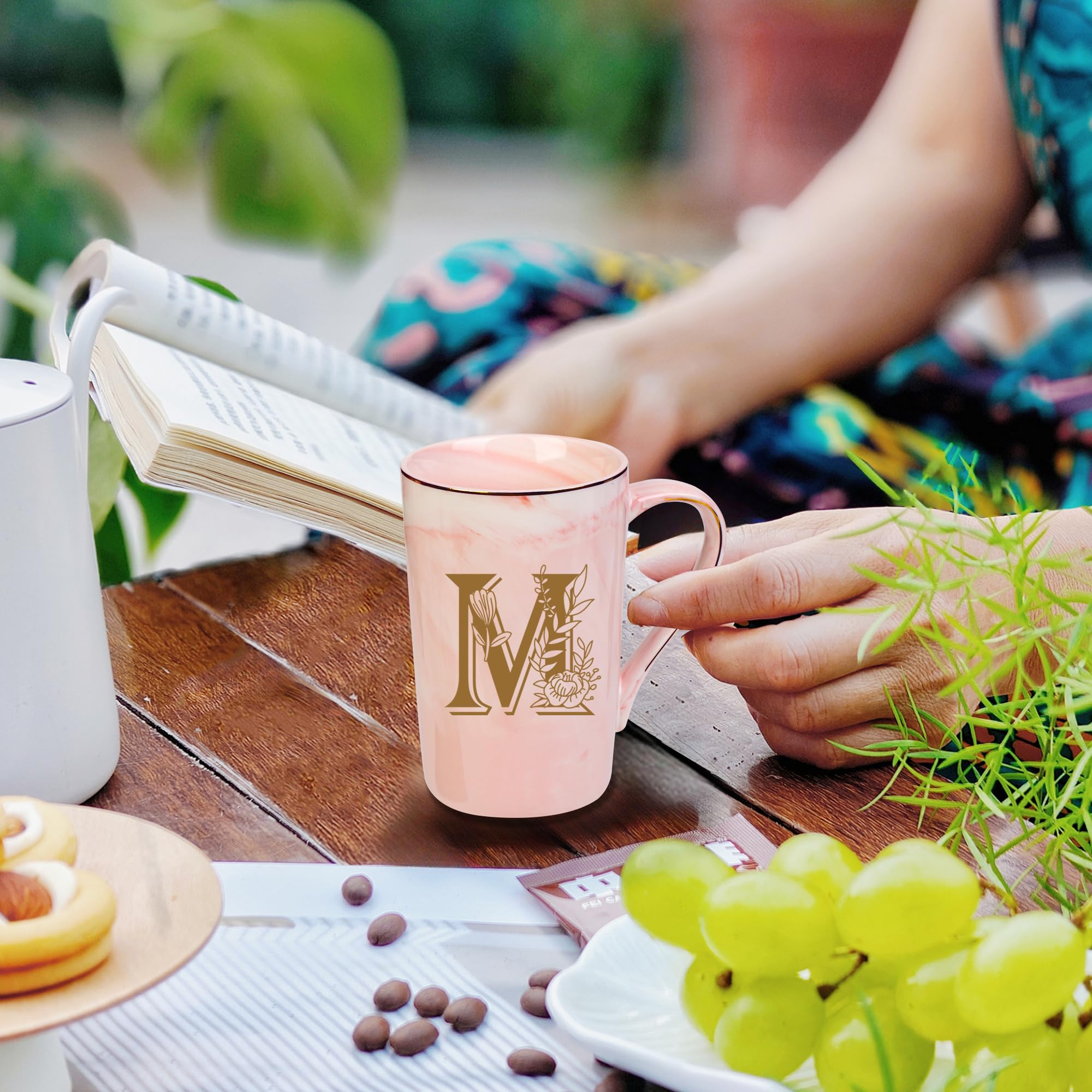 WENSSY Pink 14 Ounce Letter M with Flower Personalized Initial Mugs, Novelty Coffee Mugs for Women, Bridal Shower Gifts, Dishwasher Safe Porcelain Mug