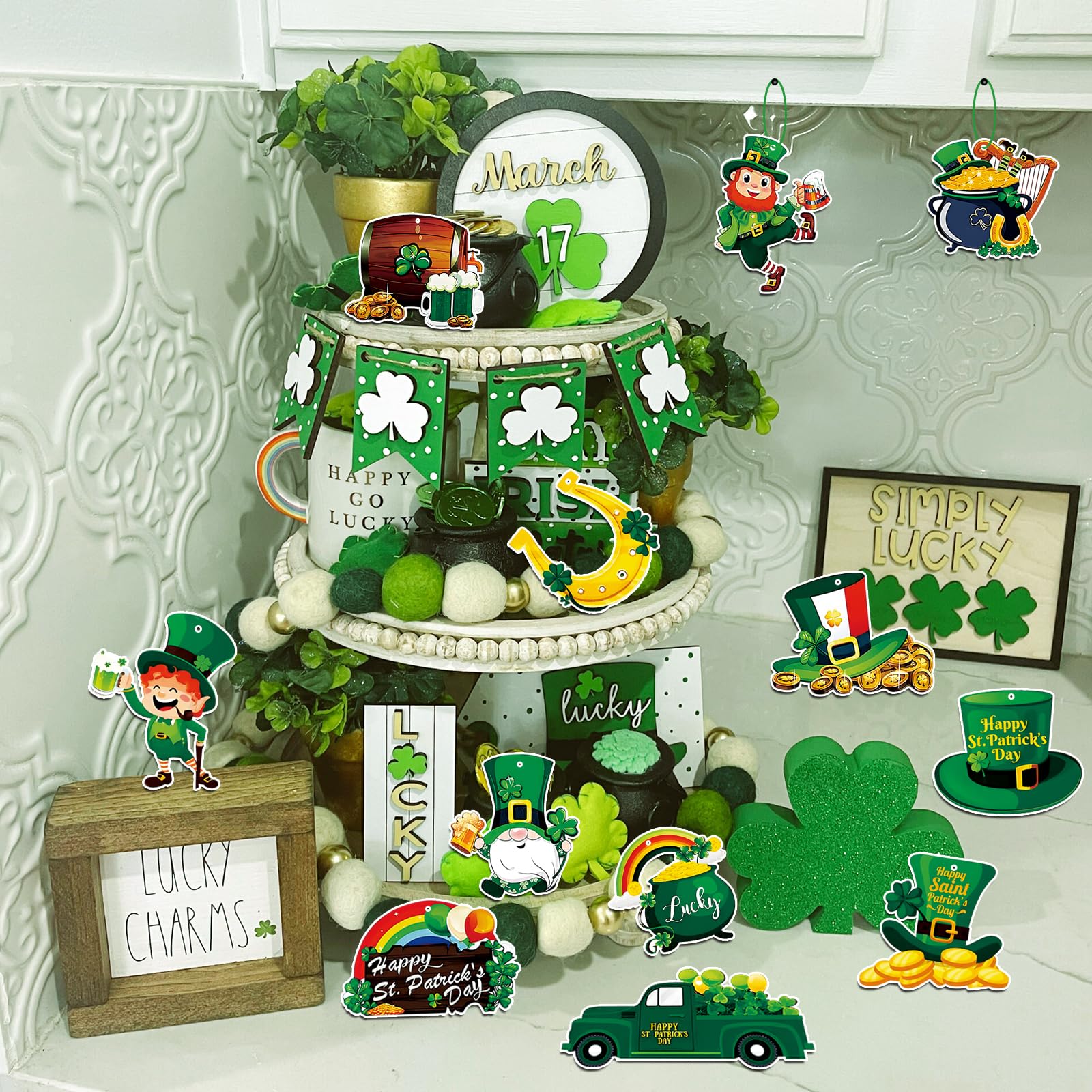 St. Patricks Day Decorations 36pcs Wooden Shamrock Ornaments, Spring Lucky Irish Day Tree Ornaments St Patrick's Day Home Party Hanging Decorations