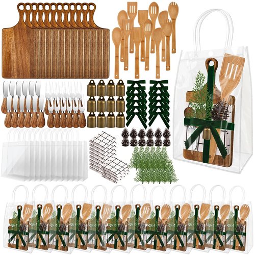 12 Set Christmas Gift Kitchen Utensils Set Acacia Spatula Mini Cheese Board Pine Cones for Christmas Kitchen Holiday Gift Party Decor Neighbor Employee Baking Gift Xmas Cooking Supplies